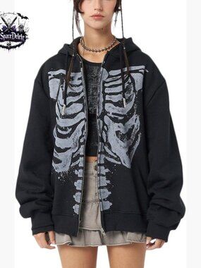 Oversized Skeleton Graphic Zip Up Hoodie Y2K Grunge Sweatshirt